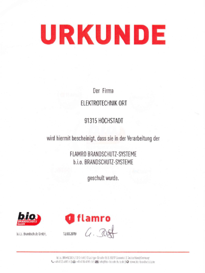 Brandschutz Urkunde bei Elektrotechnik Ort in Höchstadt